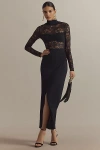 Bhldn Saige Long-sleeve Turtleneck Sheer Lace Jersey Maxi Dress In Black