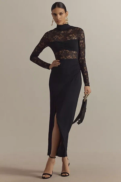 Bhldn Saige Long-sleeve Turtleneck Sheer Lace Jersey Maxi Dress In Black