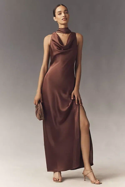 Bhldn Satin Cowled Scarf-neck Maxi Dress In Brown