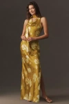Bhldn Satin Cowled Scarf-neck Maxi Dress In Gold