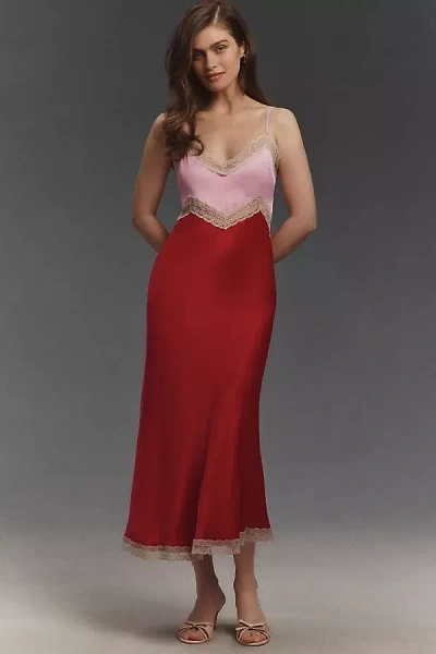 Bhldn Satin Lace Colorblock Midi Dress In Red