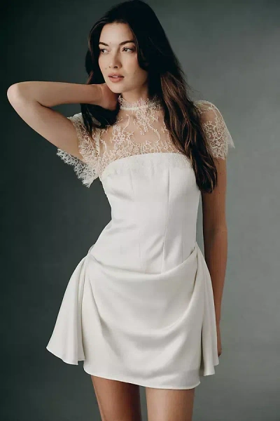 Bhldn Satin Lace Mock Neck Mini Dress In White