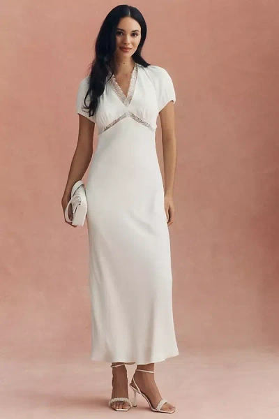 Bhldn Satin Lace-trimmed Short-sleeve V-neck Slip Dress In White