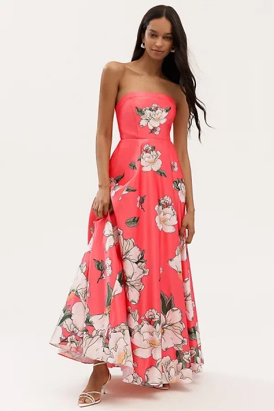 Bhldn Savannah Strapless Printed Satin A-line Maxi Dress In Pink