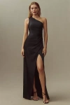 Bhldn Scottie One-shoulder Side-slit Stretch Satin Maxi Dress In Black