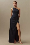 Bhldn Scottie One-shoulder Side-slit Stretch Satin Maxi Dress In Blue