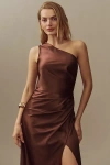 Bhldn Scottie One-shoulder Side-slit Stretch Satin Maxi Dress In Brown