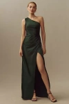 Bhldn Scottie One-shoulder Side-slit Stretch Satin Maxi Dress In Green