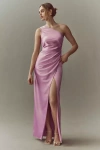 Bhldn Scottie One-shoulder Side-slit Stretch Satin Maxi Dress In Pink