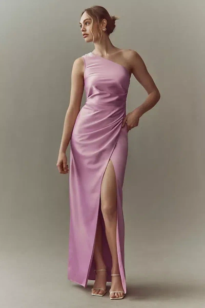 Bhldn Scottie One-shoulder Side-slit Stretch Satin Maxi Dress In Pink