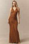 Bhldn Selena Plunge-neck Stretch Jersey Maxi Dress In Brown