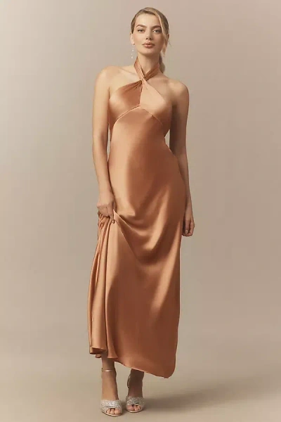 Bhldn Selma Halter-neck Satin Maxi Dress In Brown