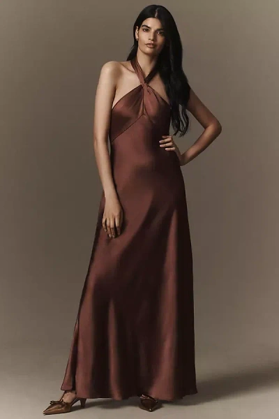 Bhldn Selma Halter-neck Satin Maxi Dress In Brown