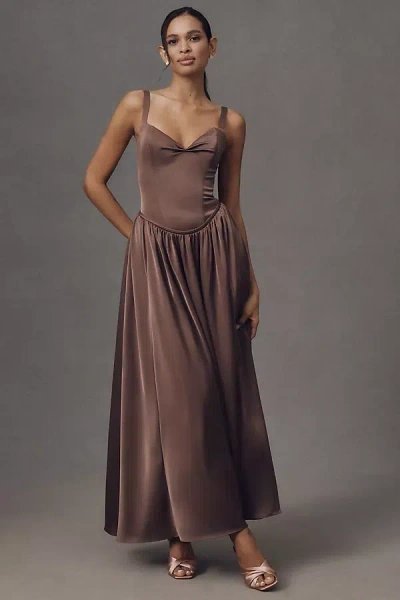Bhldn Seraphina Sweetheart Corset Stretch Satin Maxi Dress In Brown
