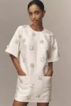 Bhldn Short-sleeve Crew-neck Beaded Mini Dress In White