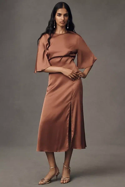 Bhldn Short-sleeve Open-back Side-slit Midi Dress In Brown