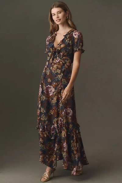 Bhldn Short-sleeve Ruffle Maxi Dress In Brown