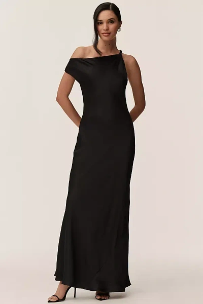 Bhldn Sienna Off-the-shoulder High-shine Satin Maxi Dress In Black