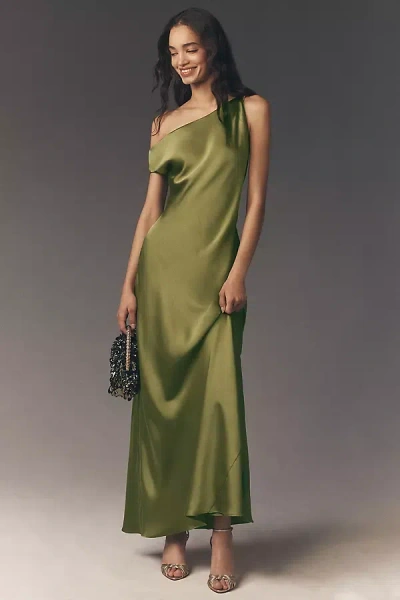 Bhldn Sienna Off-the-shoulder High-shine Satin Maxi Dress In Green