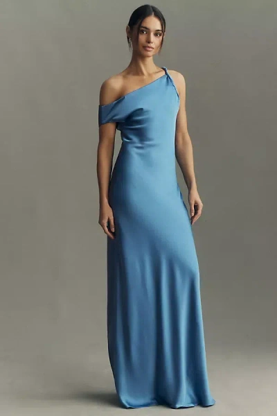 Bhldn Sienna Off-the-shoulder High-shine Satin Maxi Dress In Blue