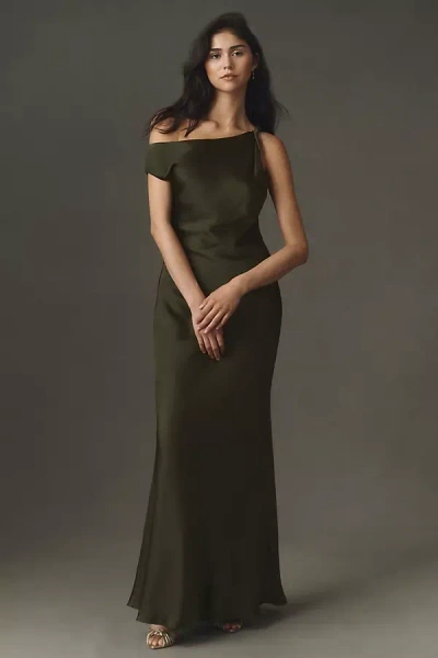 Bhldn Sienna Off-the-shoulder High-shine Satin Maxi Dress In Green