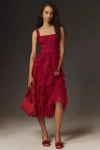 Bhldn Sleeveless Square-neck Ruffled Tulle Midi Dress In Red