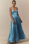 Bhldn Sleeveless Sweetheart Drop-waist Satin Maxi Dress In Blue