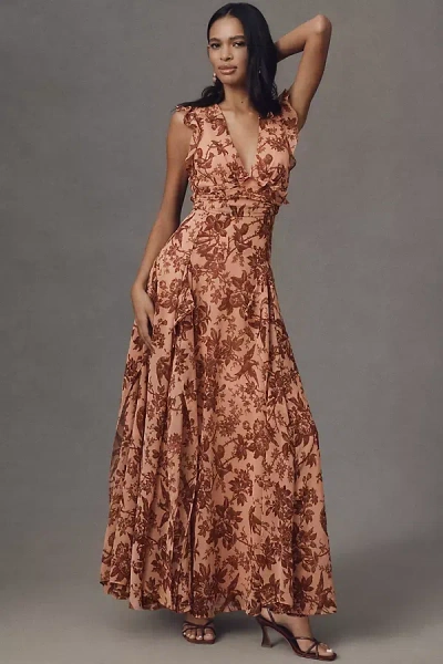 Bhldn Sleeveless V-neck Pleated Chiffon Maxi Dress In Brown