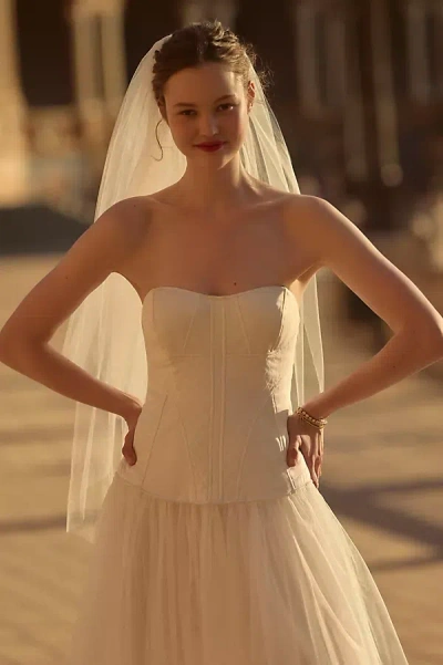 Bhldn Strapless A-line Satin Tulle-skirt Midi Dress In White