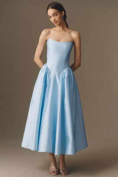 Bhldn Strapless Basque-waist A-line Midi Dress In Blue