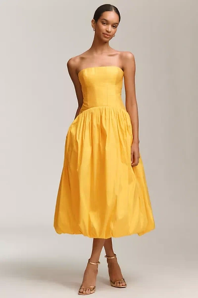 Bhldn Strapless Drop-waist Bubble Midi Dress In Yellow