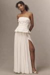 Bhldn Strapless Embellished Peplum Pleated Maxi Dress In White