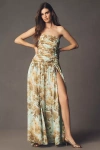 Bhldn Strapless Ruched Chiffon A-line Maxi Dress In Green