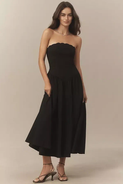 Bhldn Strapless Scallop Drop-waist Midi Dress In Black