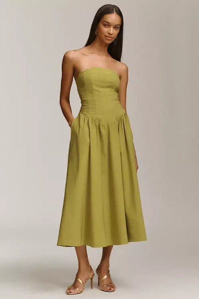Bhldn Strapless Scallop Drop-waist Midi Dress In Green