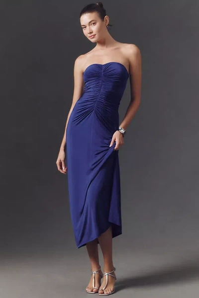 Bhldn Strapless Slim Ruched Jersey Midi Dress In Blue
