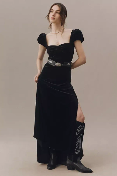 Bhldn Sweetheart Puff-sleeve Lace-back Maxi Dress In Black