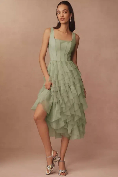 Bhldn Talia Square-neck Corset Tulle Midi Dress In Green