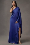 Bhldn Tiana One-shoulder Satin Kaftan Maxi Dress In Blue