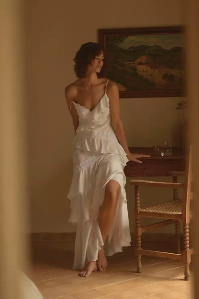 Bhldn V-neck Tiered Ruffle Lace Satin Maxi Dress In White