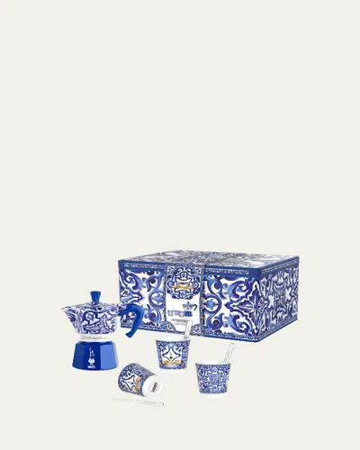 Bialetti X Dolce & Gabbana 2-cup Moka Express Pot With Espresso Cups & Stirrers In Blue