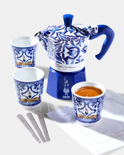 Bialetti X Dolce & Gabbana 2-cup Moka Express Pot With Espresso Cups & Stirrers In Blue