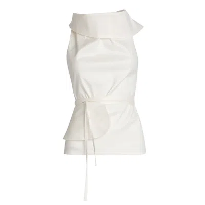 Bianca Popp Women's Asymmetrical High Collar Bareback Blouse In White Cotton