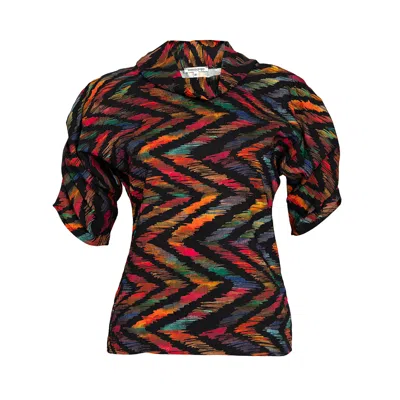 Bianca Popp Women's Black Puff Blouse With Collar In Scratched Multicolor Print