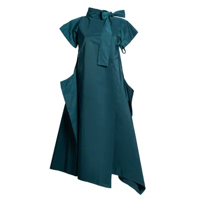 Bianca Popp Women's Blue / Green Halves Dress With Shoulder Ribbon In Teal Taffeta In Gray