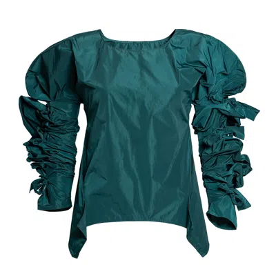 Bianca Popp Women's Blue / Green Ribbon Wrapped Blouse In Teal Taffeta