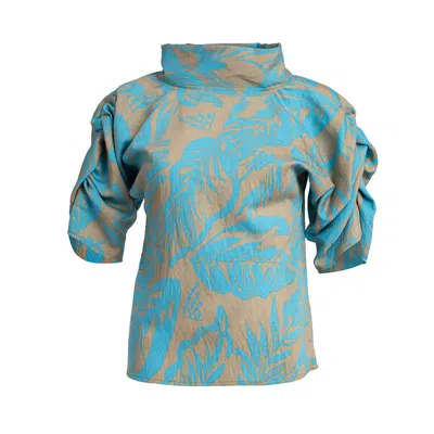 Bianca Popp Women's Blue / Neutrals Puff Blouse With Collar In Aqua & Nude