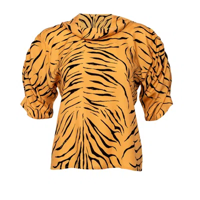 Bianca Popp Women's Neutrals Puff Blouse With Collar In Beige Animal Print