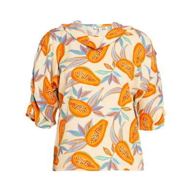 Bianca Popp Women's Neutrals Puff Blouse With Collar In Beige Viscose With Papaya Print