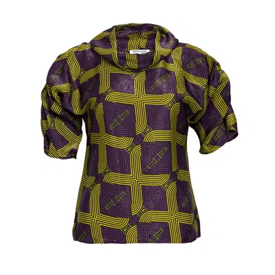 Bianca Popp Women's Pink / Purple / Green Puff Blouse With Collar In Purple And Lime Print In Pink/purple/green